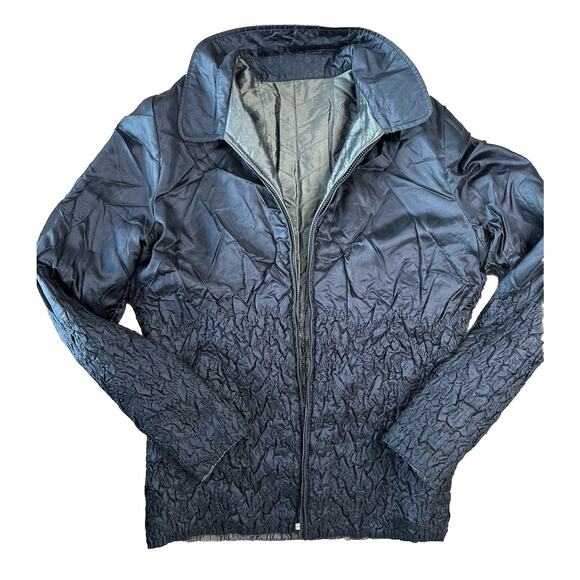 UBU Women's Reversible Zip Coat Stretchy Crinkle Jacket Olive Green Black Sz M - Picture 2 of 9